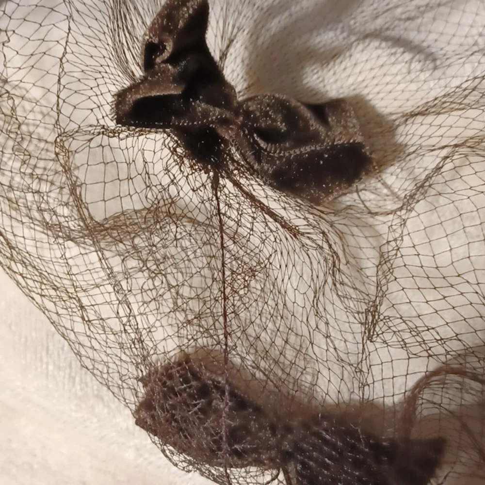 Vintage Set of 2 Net Veils, dark brown velvet bows and tear drops, tan velvet
